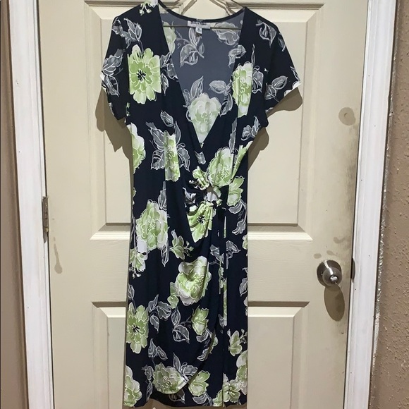 Navy Blue Dress with Lime green and grey flowers. - Picture 1 of 4